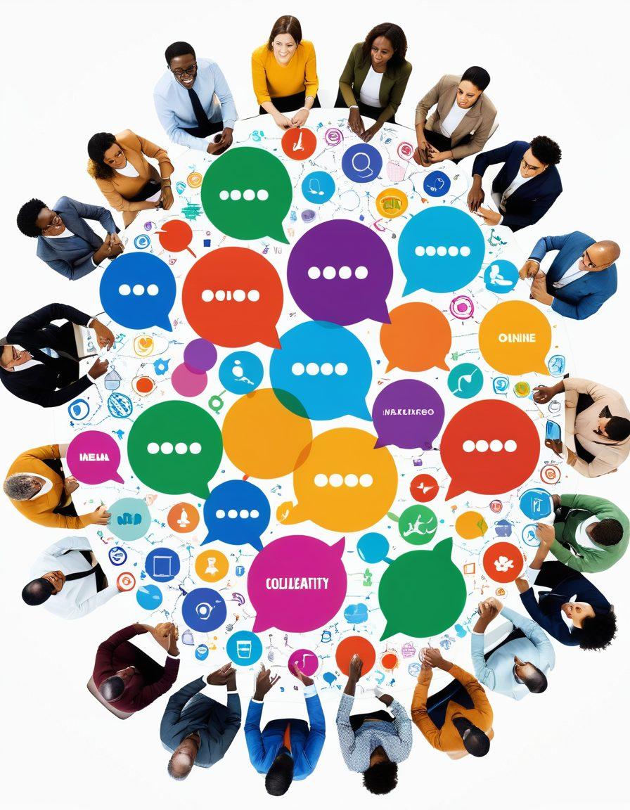 A vibrant digital collage showcasing diverse individuals gathered around a virtual round table, engaging in animated discussions. Include elements like colorful chat bubbles, icons representing different online platforms, and a backdrop of interconnected networks symbolizing collaboration. The atmosphere should convey energy, inclusivity, and creativity. super-realistic. vibrant colors. white background.