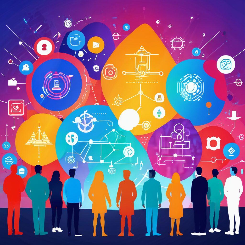 A diverse group of people from various cultures connecting and collaborating over a digital interface, surrounded by abstract icons representing community and technology. The background should depict a bridge made of digital elements, symbolizing unity. Bright colors to reflect engagement and positivity. super-realistic. vibrant colors. digital art.