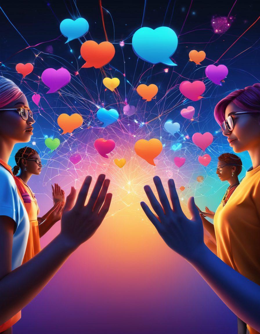 A dynamic illustration showcasing diverse individuals connecting through digital screens, symbolizing the evolution of virtual communities. Incorporate elements like colorful chat bubbles, glowing network lines, and symbols of unity, such as intertwined hands and hearts. The background should depict a blend of traditional community symbols merging with modern technology. Futuristic and vibrant colors. 3D style.